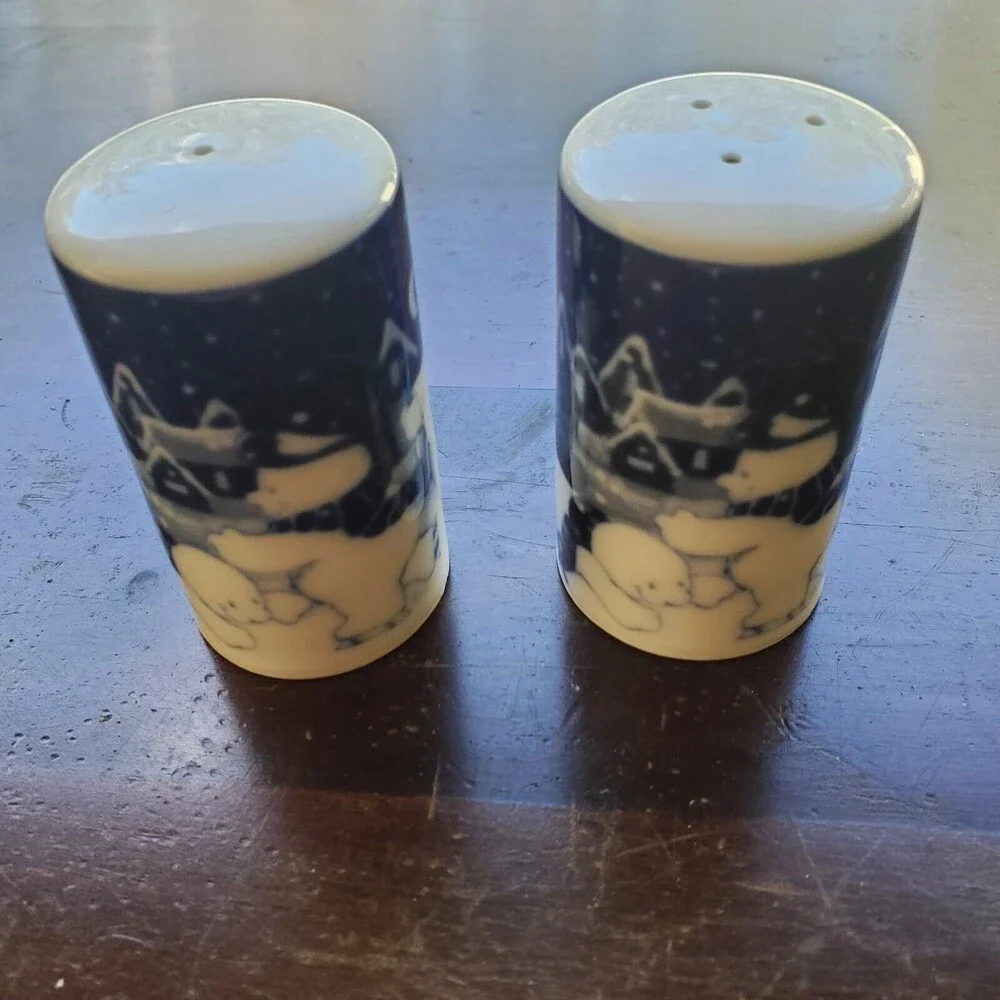 Salt And Pepper Shakers Ceramic Christmas Scene Snowman Ice Skating Blue White